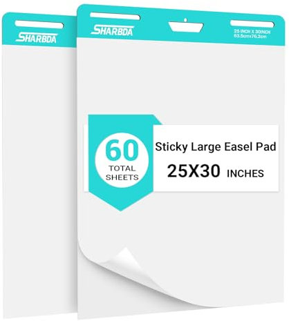 SHARBDA Klebriges Staffelei-Pad, 63,5 x 76,2 cm, Flipchart-Papier, klebriges Diagrammpapier für Lehrer, großes selbstklebendes Staffeleipapier, super klebrig und blutungsbeständig, 30 Blatt/Block, 2