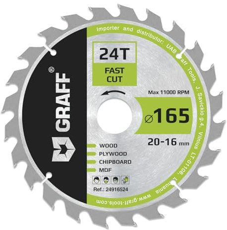 GRAFF Lame de Scie Circulaire grossier 165 x 20 mm (anneau 16 mm) - Lame de Scie 165 x 20 mm, 24 Dents pour les coupes Rapides de Bois Tendre et Dur - Compatible avec les Lames de Scie Makita et Bosch