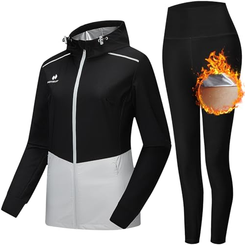 HOTSUIT Schwitzanzug Damen für Sport Sauna Jacke mit Reißverschluss und Schweiß Legging zum Abnehmen mit Training auf Gym Schwarz-M