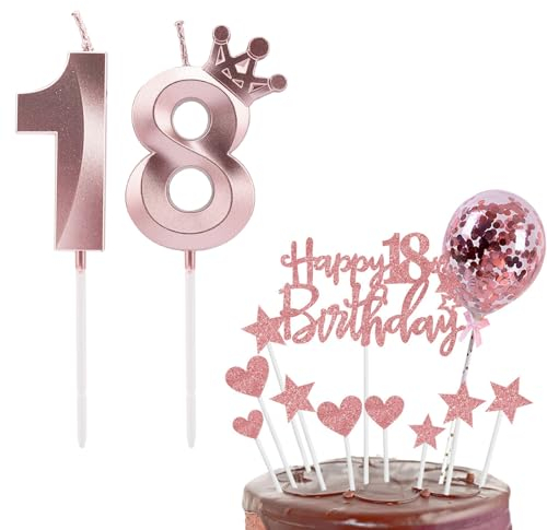 Bolosa Geburtstagskerzen Zahlen 18, Tortendeko Mädchen 18. Geburtstag, Torten Deko 18. Geburtstag Mädchen, Kerzen Geburtstag für Mädchen Junge 18 Geburtstag Party Dekoration (Roségold, 18)