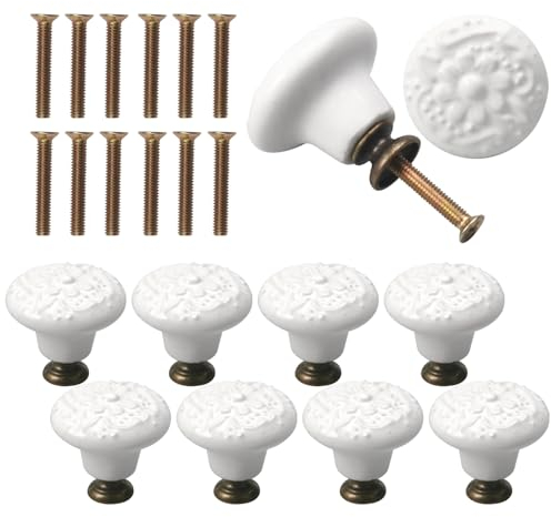 10 Pièces Bouton de Meuble Porcelaine 34mm - Vintage pour Portes, Placards, Tiroirs, Buffets - Avec Vis (Blanc)