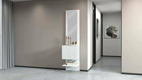 Dmora - Meuble d'entrée Vitale, Armoire multifonctionnelle avec Miroir, Étagère à Chaussures avec 1 Porte, 45x35h190 cm, Blanc