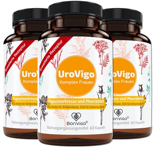 UroVigo FÜR DIE FRAU - Biotin & Vitamin A unterstützen Schleimhäute, Zink das Immunsystem - 8 Pflanzen-Komplex mit Kapuzinerkresse Meerrettich Cranberry Liebstöckel - Mit L-Methionin - 180 Kapseln