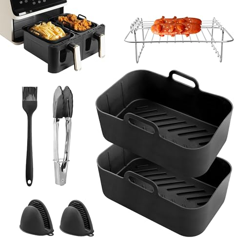LIVEARO Silicon Reusable Air Fryer Liners for Ninja AF451UK AF400UK AF500UK| 11 PC Ninja Air Fryer Dual Accessories, Racks, Tong & Silicon Mitts | Compatible with Ninja, Salter, Tower