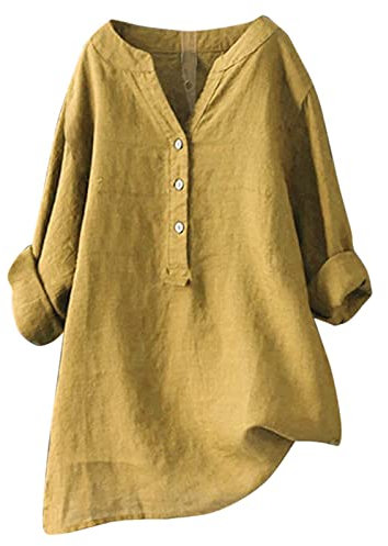 Pullover Damen,Leinenbluse Damen,Leinenbluse Damen Sommer Vintage Oversize Tshirt Leinenbluse Tunika Shirt Langarm T-Shirt Lose Bluse Shirt Große Größen Top,Gelb,4XL
