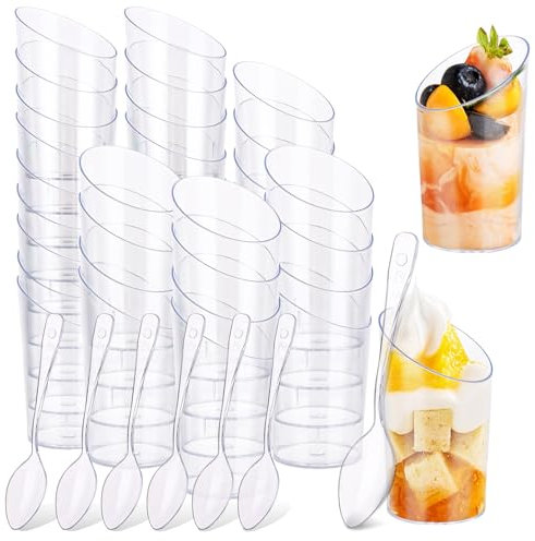 WOPPLXY 100 PCS Mini Angled Dessert Cups with Spoons, 65ml Plastic Dessert Pots Cylinder Dessert Cups, Clear Parfait Appetizer Cup Serving Cups for Party, Mousse, Pudding