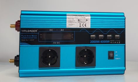 Yinleader Wechselrichter 2000W /4000W Spannungswandler Reine Sinuswelle 12V 230V mit 2 Eurosteckdosen und 4 USB