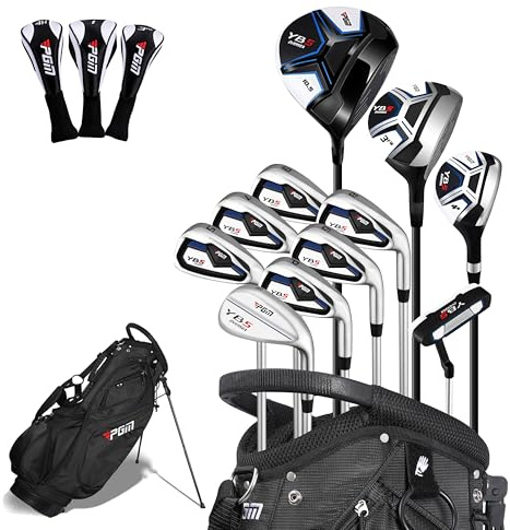 PGM Herren Golfschläger-Sets - 11-teilig - 2 Holz (#1,3), 1 Hybrid (#4H), 7 Eisen (#5,6,7,8,9,PW,SW), 1 Putter - Golfständer Tasche, Rechtshänder - Ideal für Anfänger