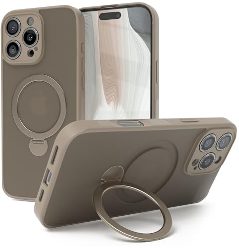 EAZY CASE - Qi Charging Handyhülle für iPhone 16 Pro Max Hülle mit Ständer Matte Schutzhülle mit Ultra Aufprallschutz Stoßfest und Kratzfest Hülle mit 360° Ring zum Aufstellen Cover - Braun