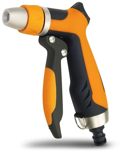 YourCasa Gartenbrause aus Aluminiumgehäuse - Gartenspritze verstellbaren Sprühmustern - Brause Spritze mit Gartenschlauch Aufsatz - Handbrause - Garten Wasserspritze Düse Reinigungsspritze (Orange)