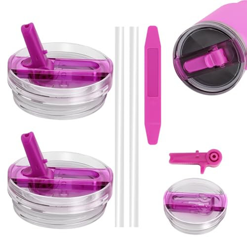 WALLFID Lot de 2 Couvercles à Paille Rabattable Détachables Étanches pour Tumbler 40oz, avec 2 Pailles et 1 Outil de Démontage Inclus, Réutilisables, Faciles à Nettoyer (Fuchsia)