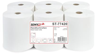 Lot de 6 rouleaux de papier essuie-mains 1 épaisseur en cellulose blanche, diamètre 19,5 cm, 20 cm