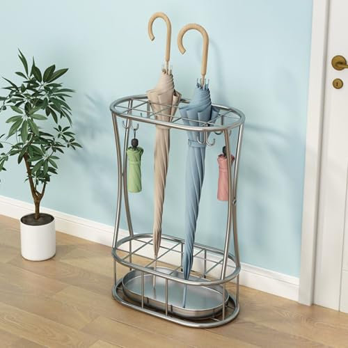 acfeco Schirmständer Edelstahl, 11 Löcher Regenschirmständer Schmal mit Abtropfschale und 8 Haken, Moderner Regenschirm Ständer, für Gehstöcke und Regenschirme, 32x18x47 cm (Silber)