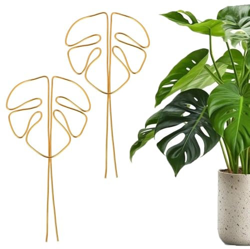 HhBdy Monstera - Supporto per piante da appartamento, 2 pezzi, in alluminio, con design unico a foglia per piante d'appartamento, supporto per gambi multiuso, per Alocasia e Monstera, colore: oro