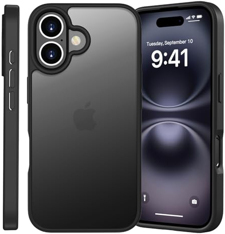 Kukiwhy Matt Hülle für iPhone 16, Schwarz | Stoßfest Militärstandard Schutzhülle Anti-Kratzen, Durchscheinende Rückseite Handyhülle, Anti-Fingerabdruck