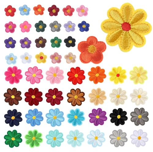 Flower Iron on Patches for Clothing, 50 pcs Embroidery Iron-on Patches Coloured Embroidered Sew on Applique Patch Flowers for Clothes