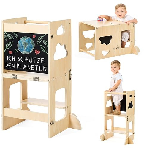 KYWAI Torre de Aprendizaje Plegable Montessori Premium, Torre Aprendizaje Plegable 3 en 1: Convertible en Escritorio con Pizarra – Marca Comprometida con la Reforestación, Desde 1 Año