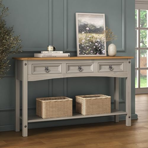 Corona Console Table Grey 3 Drawer Solid Pine Wood