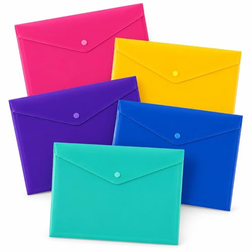 1ABOVE A4 Popper Wallets 5 Assorted Colours Plastic Document Folders | Lightweight A4 plastic filing wallets with snap closure, ideal for storing documents, papers, school work and office files.