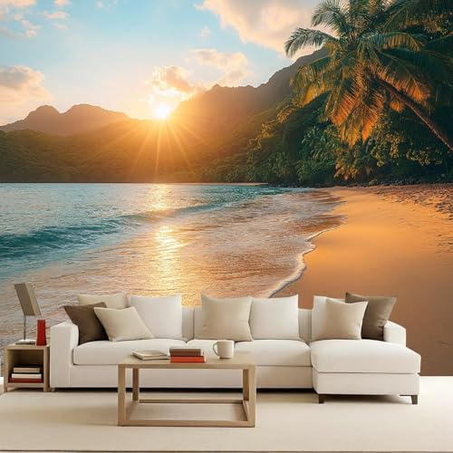 Vlies Fototapete 200x140 cm Sonnenuntergang Meer Strand Palmen 3D Effekt Mustertapete Matt Vliestapete Wasserdicht Wandtapete Tapete Geeignet für Schlafzimmer Kinderzimmer Wohnzimmer Wand Deko