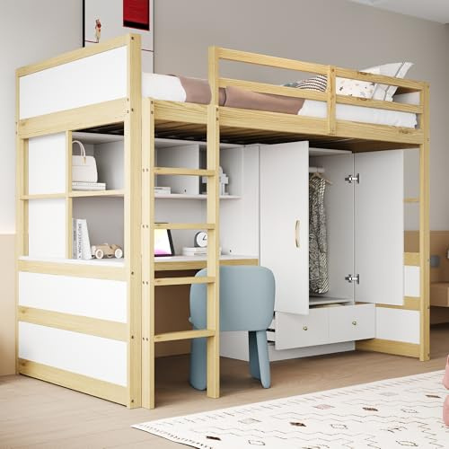 Arhatreya Letto a soppalco 90 x 200 cm, culla con scala e scrivania, letto in legno con armadio e cassetti, letto con spazio per bambini, ragazzi (senza materasso), colore legno