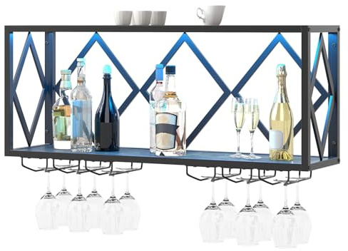 FANTASK Wand-Weinregale mit LED Beleuchtung, 2 Ebenen Wandmontage Holz mit Glashalter, Industrial Flaschenregal mit Metallrahmen, Weingläserhalter für Zuhause, Bar, Küche und Restaurant