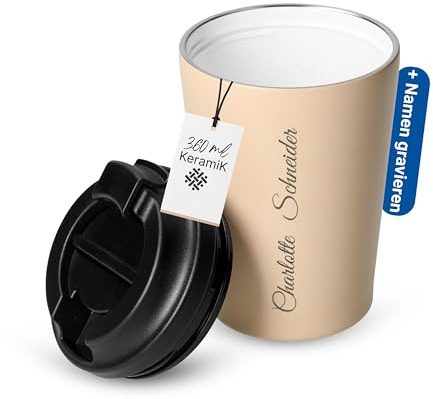 Personalisierter Kaffeebecher to go 360ml - Edelstahl außen Keramik innen - BPA-frei & ohne Weichmacher - Coffee to go Becher spülmaschinengeeignet - personalisierte Geschenkidee, Farbe:beige