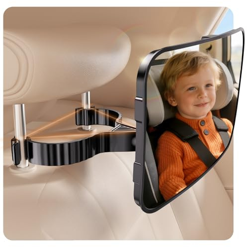 Mirrorsafe Car Seat Mirror for Rear-Facing Infant See Baby from Driver Seat Headrest Hook - Acrylic ABS PC Shatterproof 360 Degree Adjustable Backseat Mirror Anti-Shake for Toddler - Classic Black