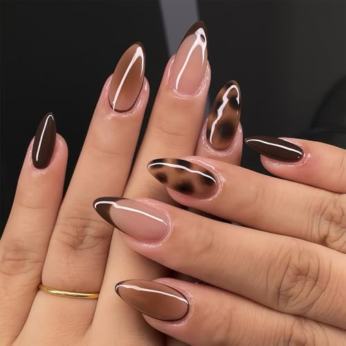24Pcs Press On Nails Almond, Short Leopard Nails Press Ons, Brown French Tip Fake Nails for Women, Beginners, Artists for Parties, Dating, Home DIY (Brown)
