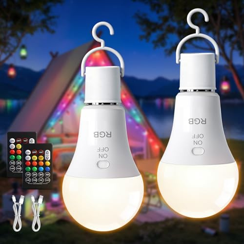 Kimjo E27 Rechargeable Light Bulb with Remote Control 2 Pack - RGB Dimmable 7W Battery Operated Light Bulb with Hook Botton Control Timer - A19 Wireless Light Bulb for Lamp Camping
