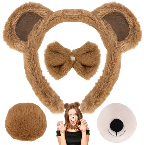 THQAE 4 Pièces Ensemble de Costume Ours en Peluche, Oreilles/Serre-Tête/Queue/Nez/Nœud Papillon, Accessoire de Fête pour Enfants et Adultes, Ideal pour Cosplay, Carnaval, Fête à Thème
