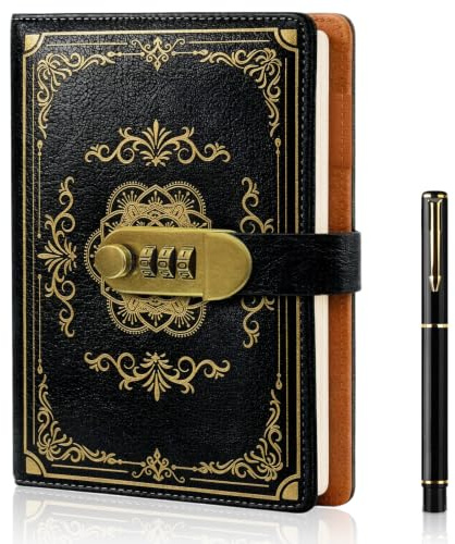 AMFUN A5 Password Journal with Lock, 200 Pages with Pen and Gift Box Set, PU Leather Lockable Diary Notebook with Vintage Gold Foil Pattern, Ideal for Daily Journaling, Work, School,