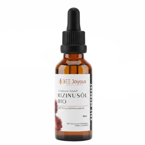 BEE Joyous Rizinusöl Bio Kaltgepresst, 100% Natürlich, Ohne Hexan, für Haare, Wimpern, Augenbrauen, Haut, mit Glasflasche und Pipette, 50ml