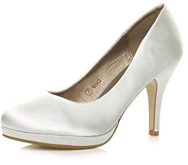 Womens Ladies mid high Heel Platform Work Evening Court Shoes Pumps Size 4 37, 4 UK, Silver Satin