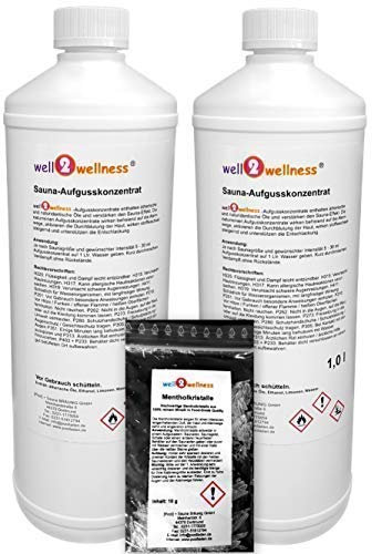 Saunaaufguss Set 2 x 1,0 l von well2wellness® gratis 10g Mentholkristalle - freie Wahl aus über 60 Saunadüften