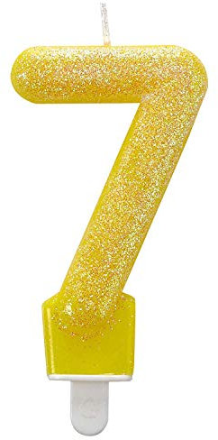 Amscan 9900768 - Zahlenkerze 7, Höhe 7,6 cm, Null, Gelb, Glitzer, Tortenkerze, Kerze, Geburtstag, Kuchen, Dekoration