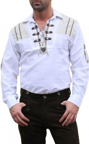 OS Trachten Trachtenhemd für Lederhosen mit Verzierung weiß, Hemdgröße:M