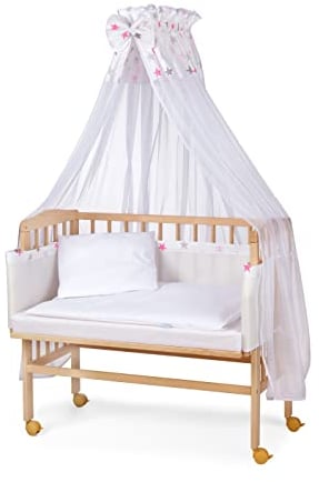 Waldin Beistellbett mit Matratze und Stoffen, höhen-verstellbar, 16 Modelle wählbar, Buche Massiv-Holz Natur unbehandelt,Große Liegefläche 90x55cm,Sterne/grau
