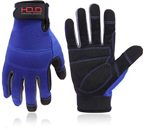 HANDLANDY Mens Utility Work Gloves, Flexible Mechanic Gloves Touch Screen,Breathable Spendex Back, Padded Knuckles & Palm (XL, Blue)