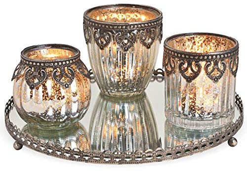 matches21 Windlichter Teelichtgläser 3er Set Kerzengläser auf Spiegeltablett Orient Design Silber aus Glas & Metallrand