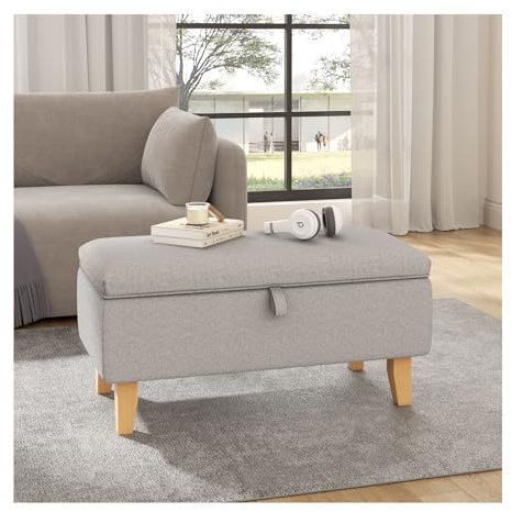 INMOZATA Linen Fabric Footstool Storage Upholstered Ottoman Pouffe Stool Change Shoe Footrest Wooden Legs for Living Room Bedroom Light Grey
