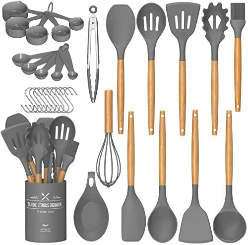 Umite Chef - Juego de 24 utensilios de cocina de silicona antiadherentes y resistentes al calor con mango de madera y soporte (gris)