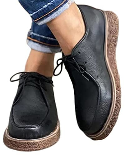 Onsoyours Mocasines de Cuero con Plataforma Zapatos Zapatillas para Caminar Zapatillas de Deporte para Mujer con Cordones Moda Negro 38