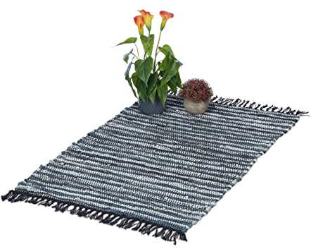 Relaxdays Flickenteppich, 60x100 cm, Baumwolle & Leder, handgewebt, Schwarze Fransen, rutschfest, Fleckerlteppich, grau