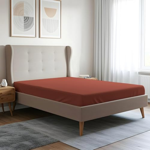 Pizuna Spannbettlaken 180x200 cm Baumwolle Ziegelrot 400 Fadenzahl | 100% Langstapelige Baumwolle Spannbetttuch,Weiche Mako Satin-Webart passt bis 40 Matratzenhöhe (100% Baumwolle Bettlaken)