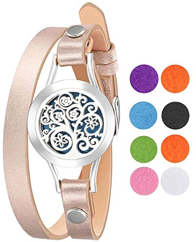 Cupimatch Pulsera difusor de aceites esenciales árbol de la vida, imán redondo abierto de acero inoxidable con 8/10 piezas, recarga cojines lavables, Navidad, San Valentín
