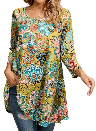 Enmain Womens Tunic Top 3/4 Sleeve Tunics for Women UK Plus Size Round Neck Longline Tops for Leggings Ladies Swing T-Shirt Casual Loose Yellow Patterned Blouse T Shirts XXXL