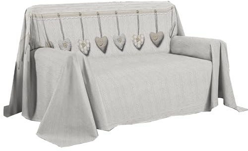 PENSIERI DELICATI Sofaüberwurf 180 x 290 cm, hergestellt in Italien, Überwurf aus 100% Reiner Baumwolle, Muster hängendes Herz, Beige, ideal als Überwurf oder Tagesdecke für den Sommer (Einzelbett)