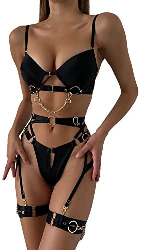 Generico Donna Fishnet Bodystocking Plus Size Crotchless Pigiama da Donna Divertente da Donna Reggiseno Sexy con Bottoni in Metallo interlacciato (Black, M) Lingerie Donna Cotone