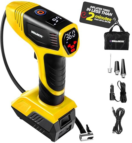 EMSON Bullseye Car Tyre Inflator Air Compressor Portable 150 PSI Car Tyre Pump with Gauge Display Screen & Built in LED Lights, Rechargeable Digital Tyre Inflator/Electric Tyre Pumps for Cars/Bikes